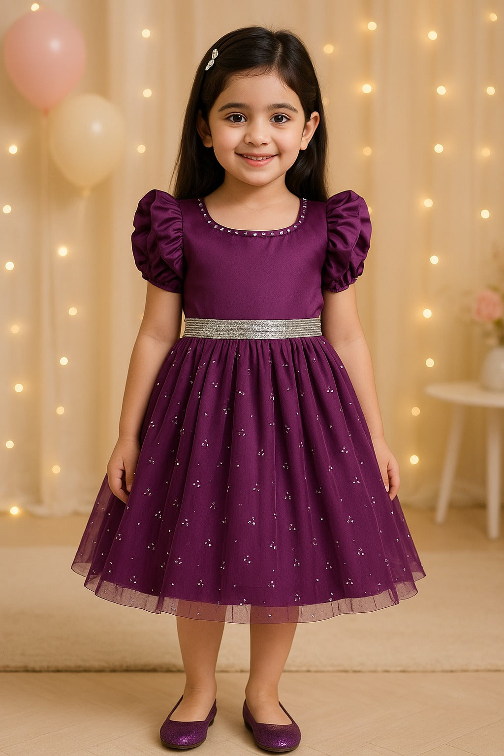Girls Pearl Embellished Balloon Sleeve Party Dress fe3526
