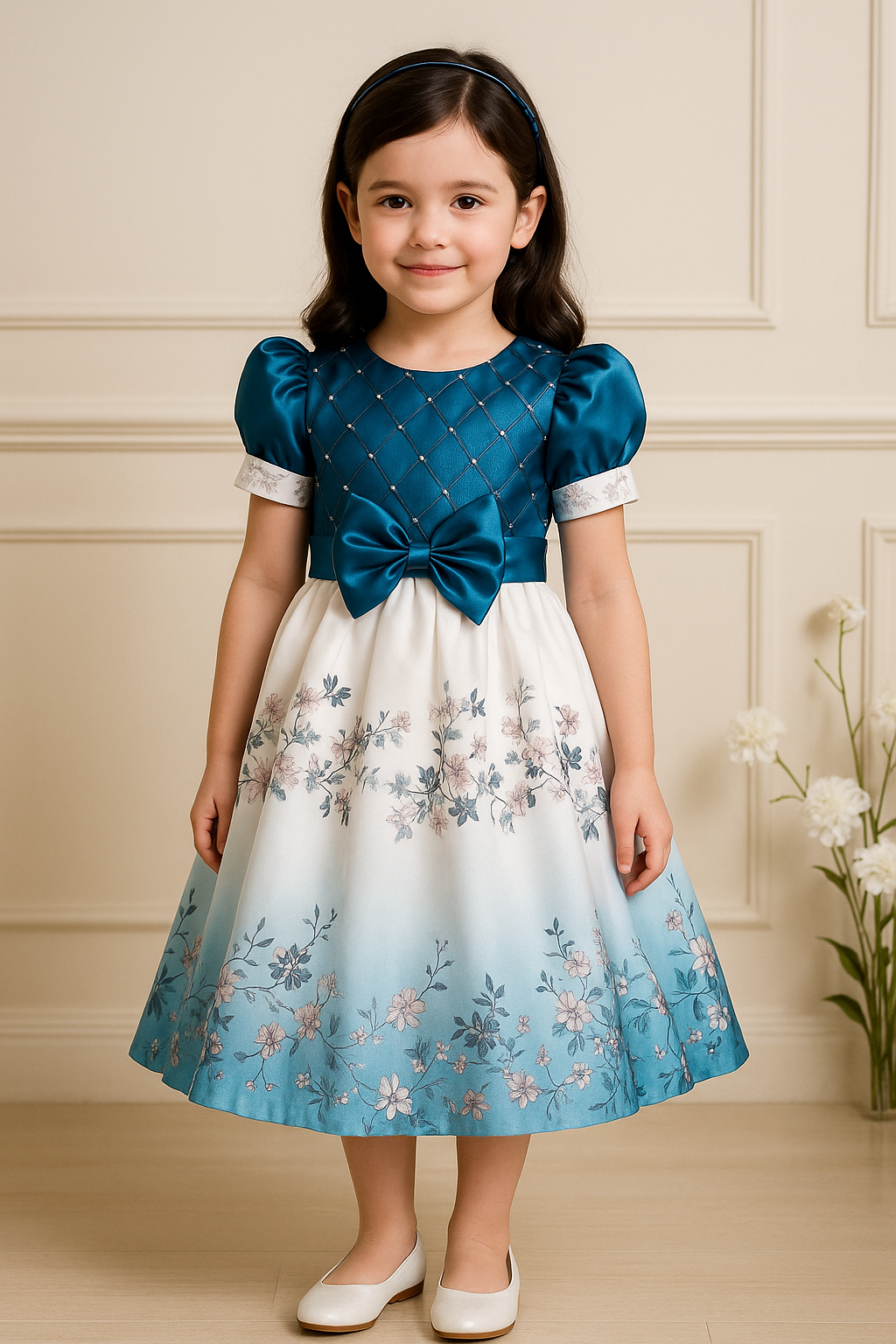 Girls Floral Print Party Dress with Embellishments