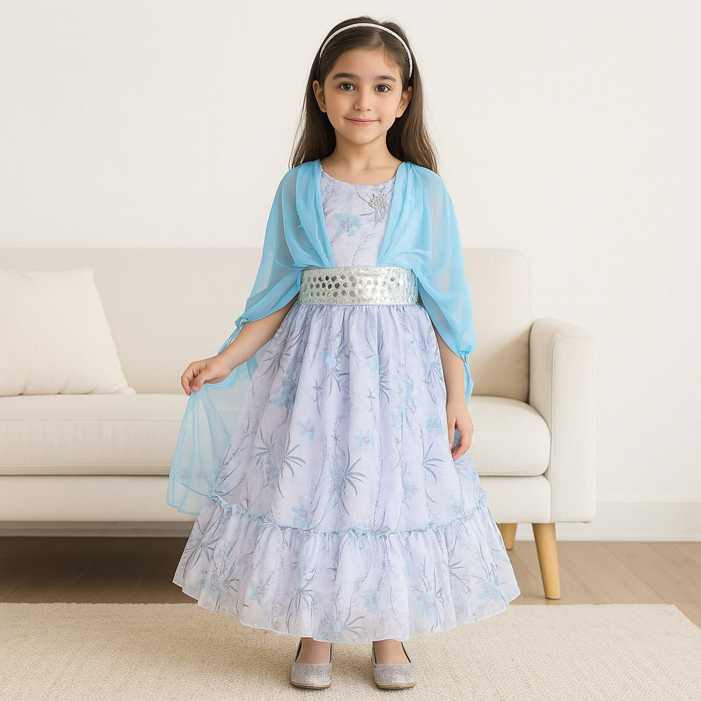 Girls Flowy Sleeves Mirror Belt Tiered Dress