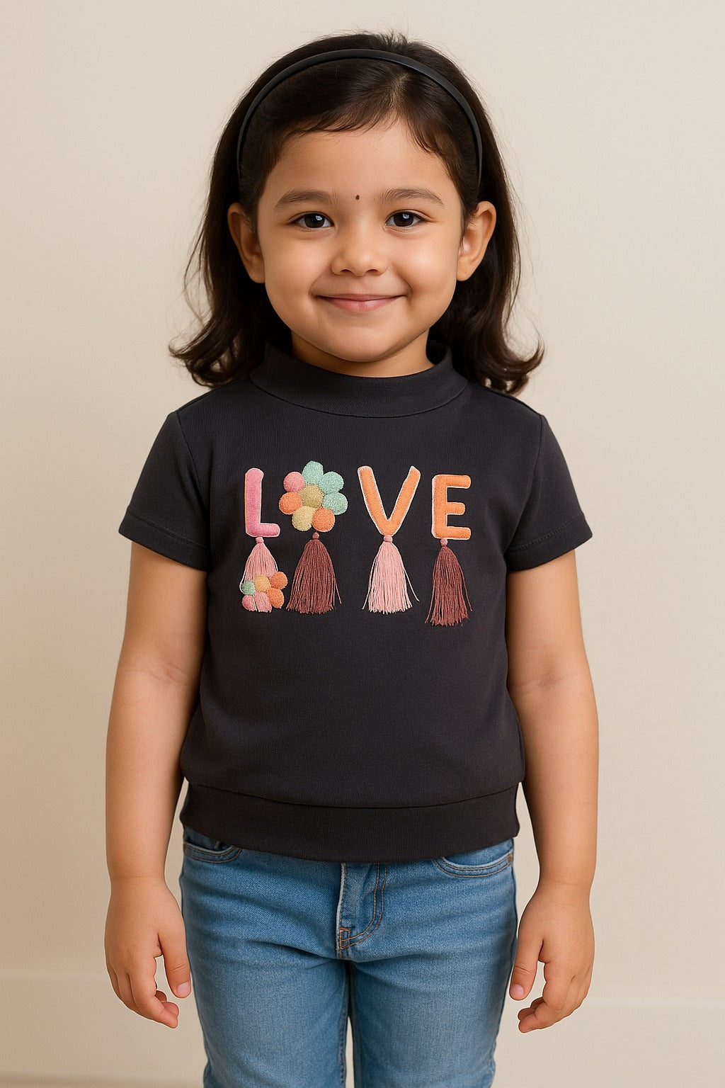 Girls High Neck Cotton T-shirt with Love Embroidery & Tassel Detailing tg401