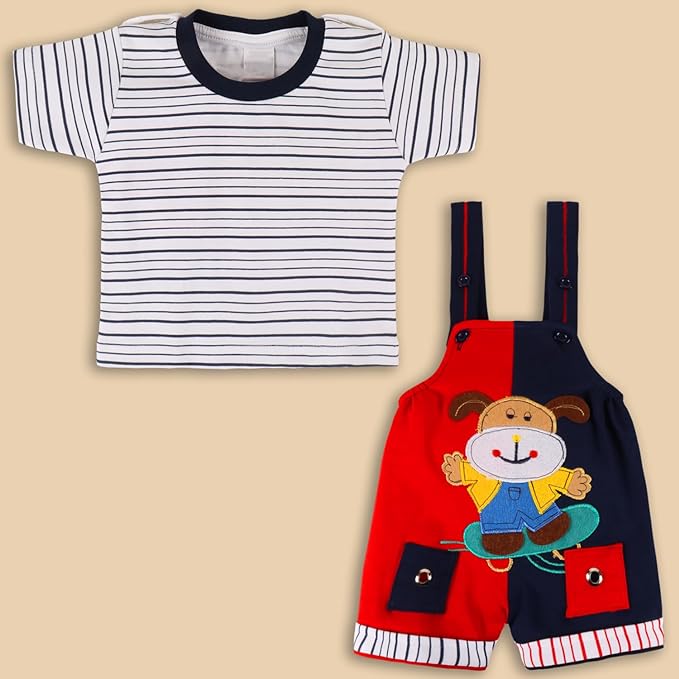 Boys Striped Printed Cotton Dungaree Set bt666