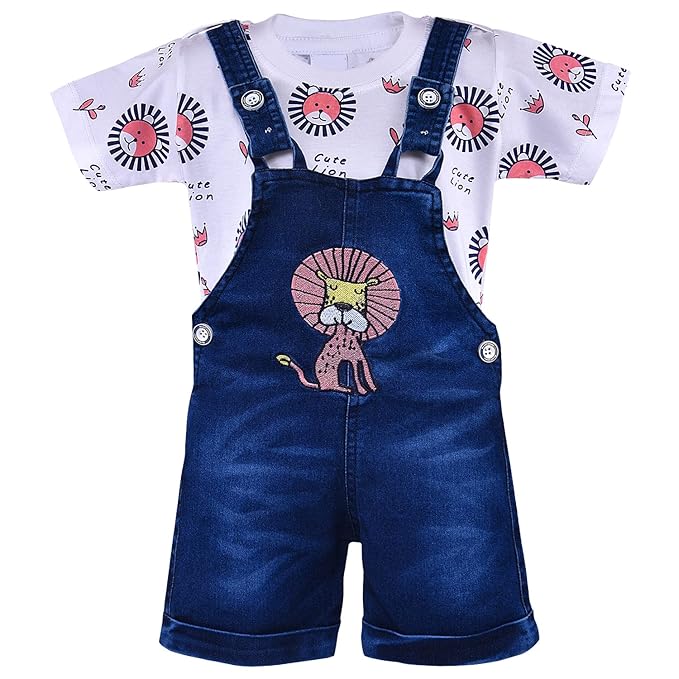 Cute Lion Print Baby Denim Dungaree Set – Soft Cotton T-Shirt & Denim Shorts Outfit