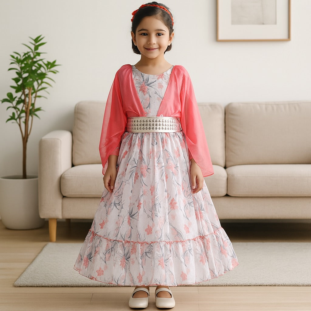 Girls Flowy Sleeves Mirror Belt Tiered Dress