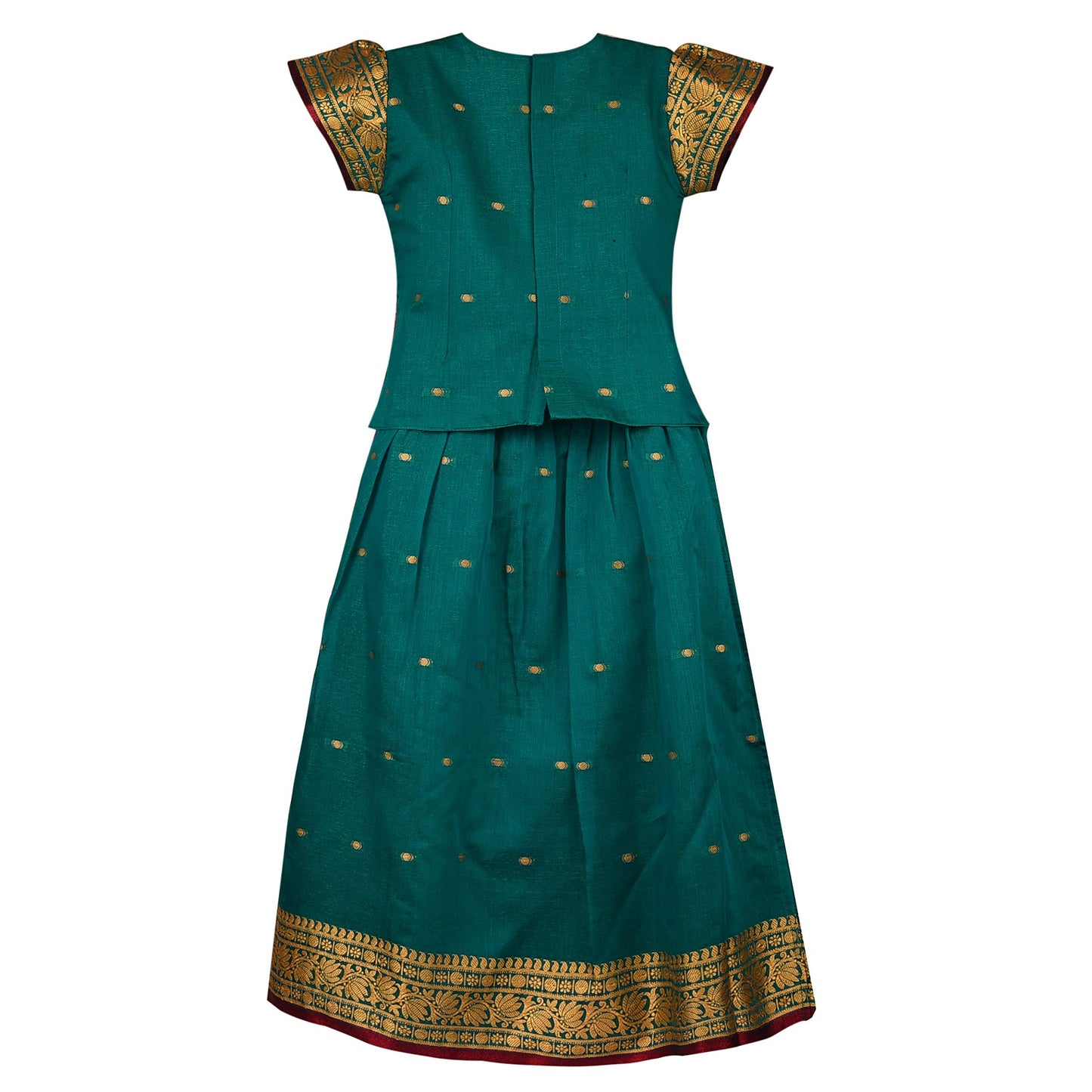 Girls Zari Woven Pattu Pavadai Choli Skirt Set