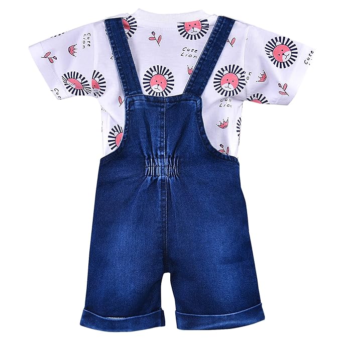 Cute Lion Print Baby Denim Dungaree Set – Soft Cotton T-Shirt & Denim Shorts Outfit