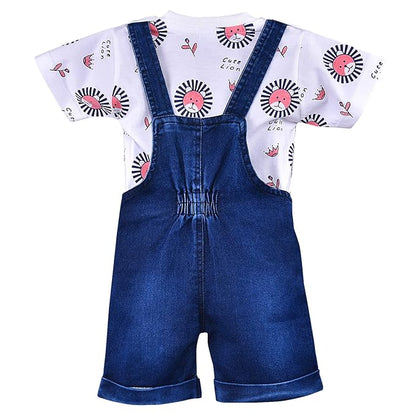 Cute Lion Print Baby Denim Dungaree Set – Soft Cotton T-Shirt & Denim Shorts Outfit