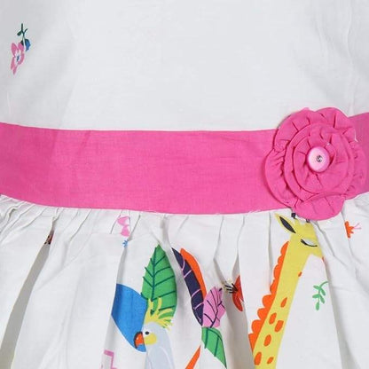 Girls White Jungle Print Cotton Sleeveless Dress with Pink Waist Belt - Wish Karo - photo 4