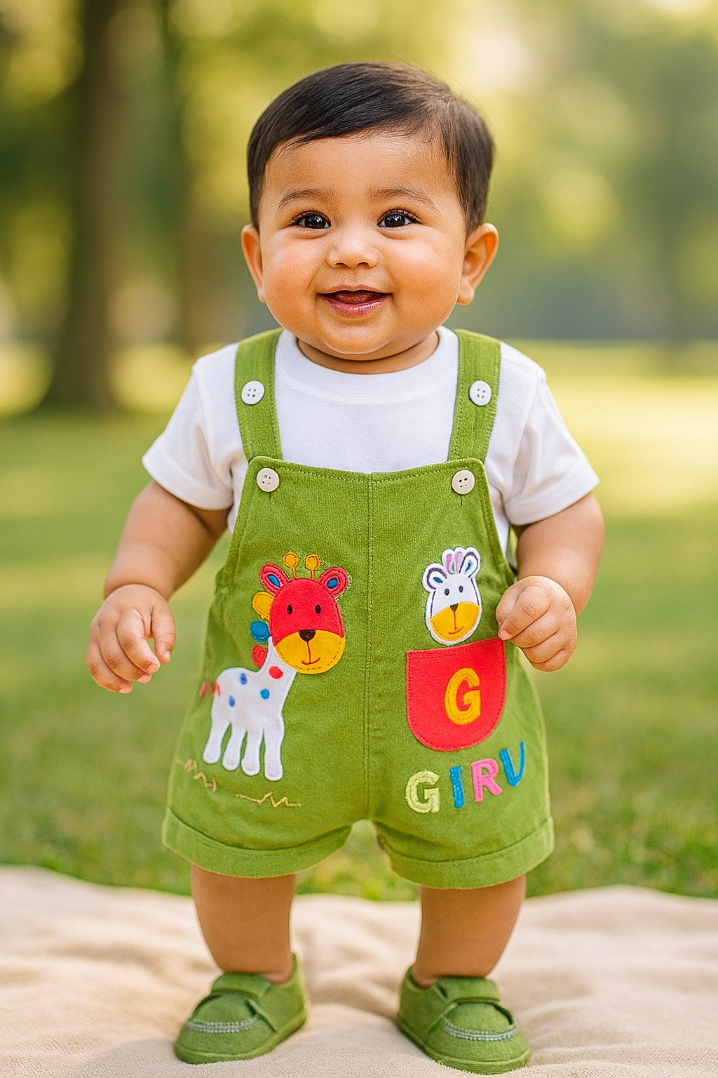 Dungaree For Boys & Girls Casual Animal Print Polycotton(bt08grn)