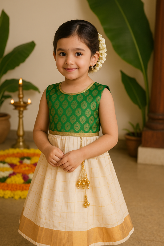 Baby Girls Traditional Onam Pattu Dress with Brocade Design fe3546grn