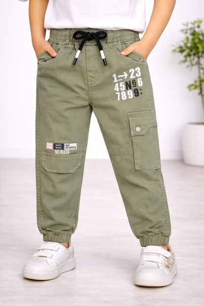 Boys Cotton Denim Cargo Jogger Pant with Pockets & Drawstring Waist jsv145