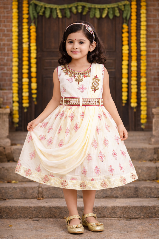 Girls Satin Embroidered Party Dress with Dupatta Drape & Belt