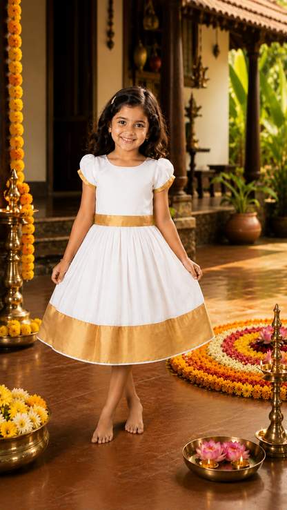 Baby Girls Golden Zari Kasavu Pleated Onam Frock Dress - Wish Karo - photo 1