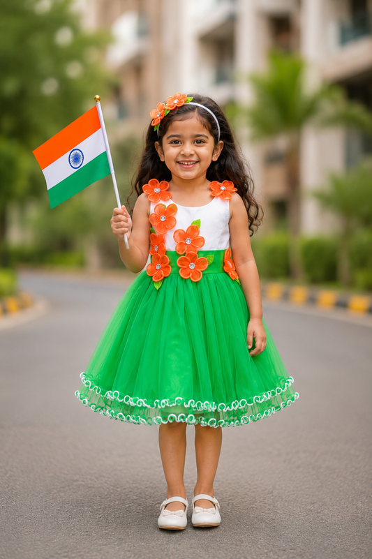 Girls Floral Applique Tricolor Republic Day Special Dress - Wish Karo