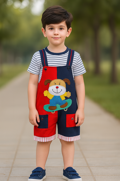 Boys Striped Printed Cotton Dungaree Set bt666