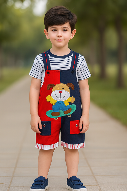 Boys Striped Printed Cotton Dungaree Set bt666