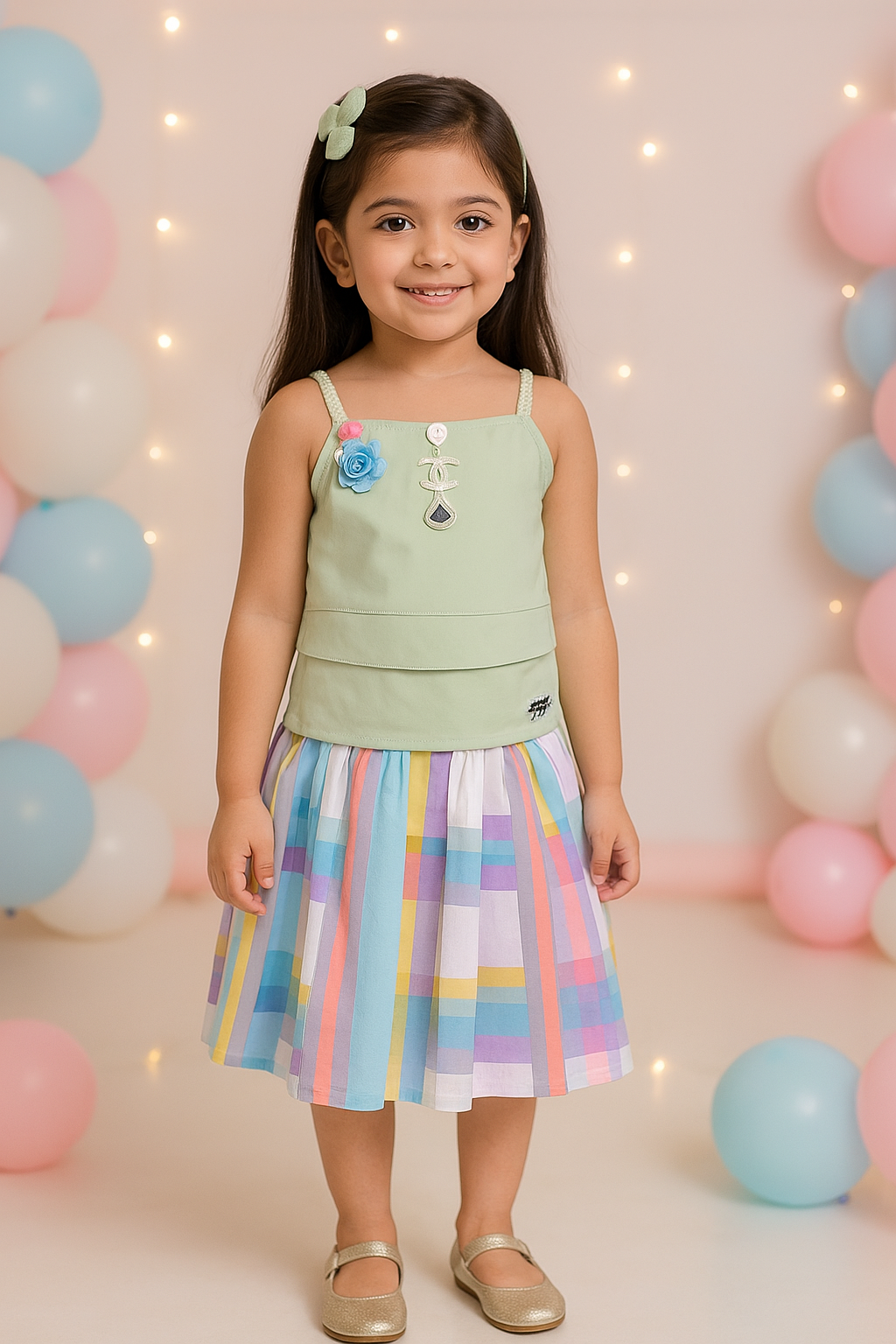 Wish Karo Baby Girls Sage Green Layered Top & Striped Skirt Set - Wish Karo - photo 2