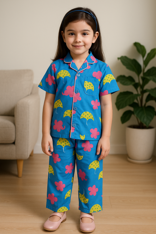 Unisex Cotton Printed Nightdress Shirt & Trouser Set nd82blu