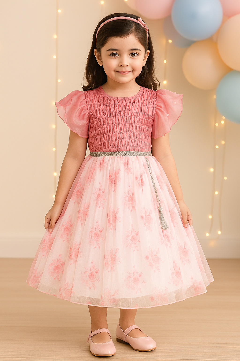 Girls Floral Rhinestone Pleated Dress fep3429