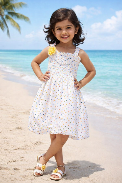 Girls Polka Print Cotton Smocking Casual Dress csl301