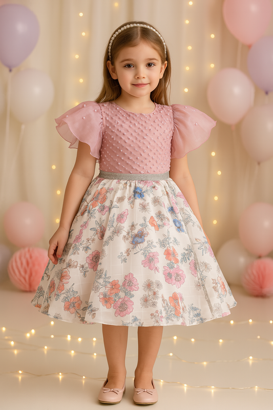 Girls Floral Embellished Flared Sleeves Party Dress - Wish Karo