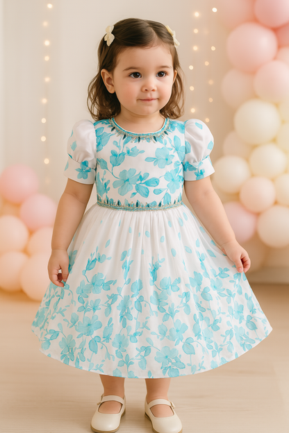 Girls Floral Print Bead Embellished Flared Party Dress fep3512
