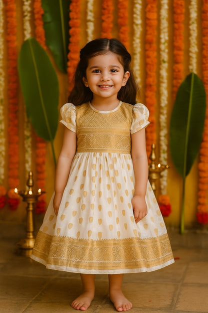 Girls Golden Pleated Onam Dress