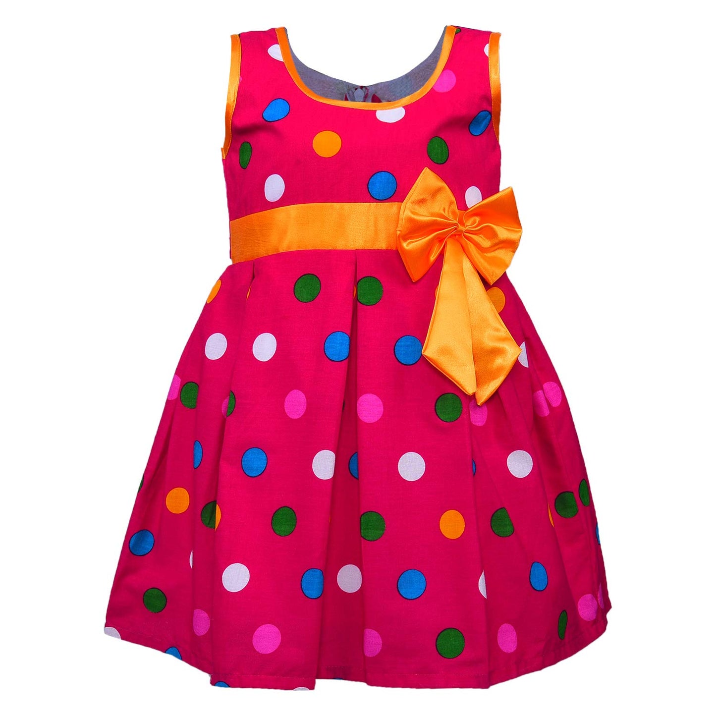 Girls  Polka Dot Cotton Party Dress with Orange Bow – Cute Sleeveless Kids Dress.