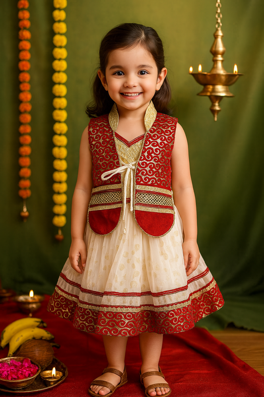 Girls Brocade Jacket Style Net Flared Dress fr806rdnw