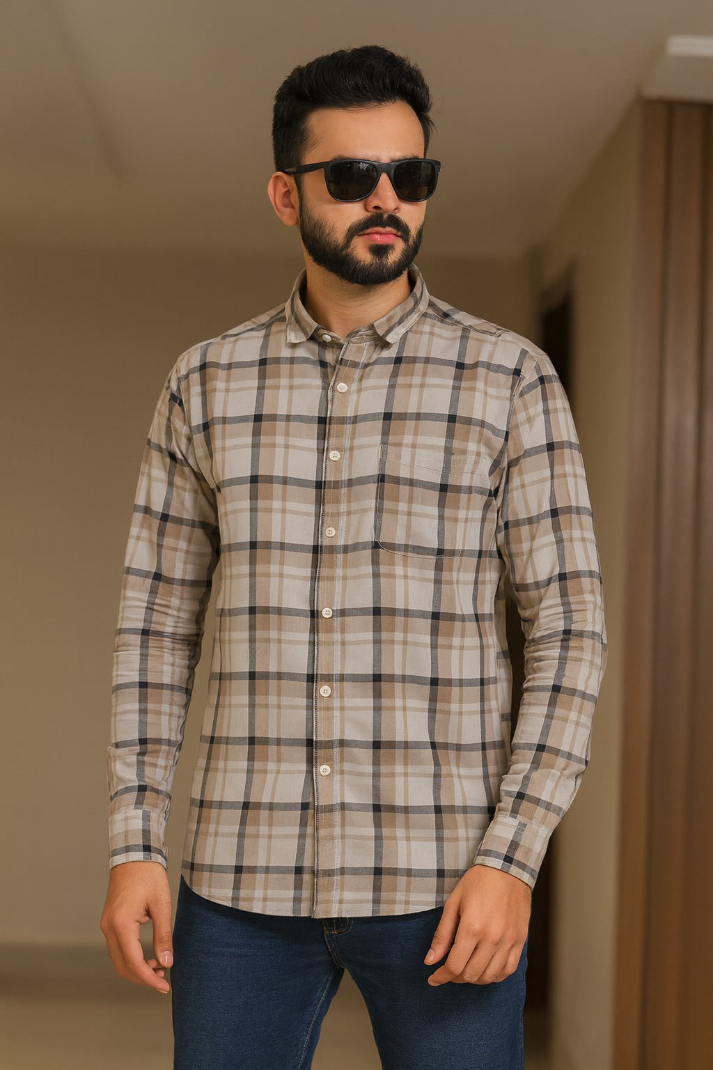 Men’s Cotton Blend Checkered Shirt with Long Sleeves - Wish Karo