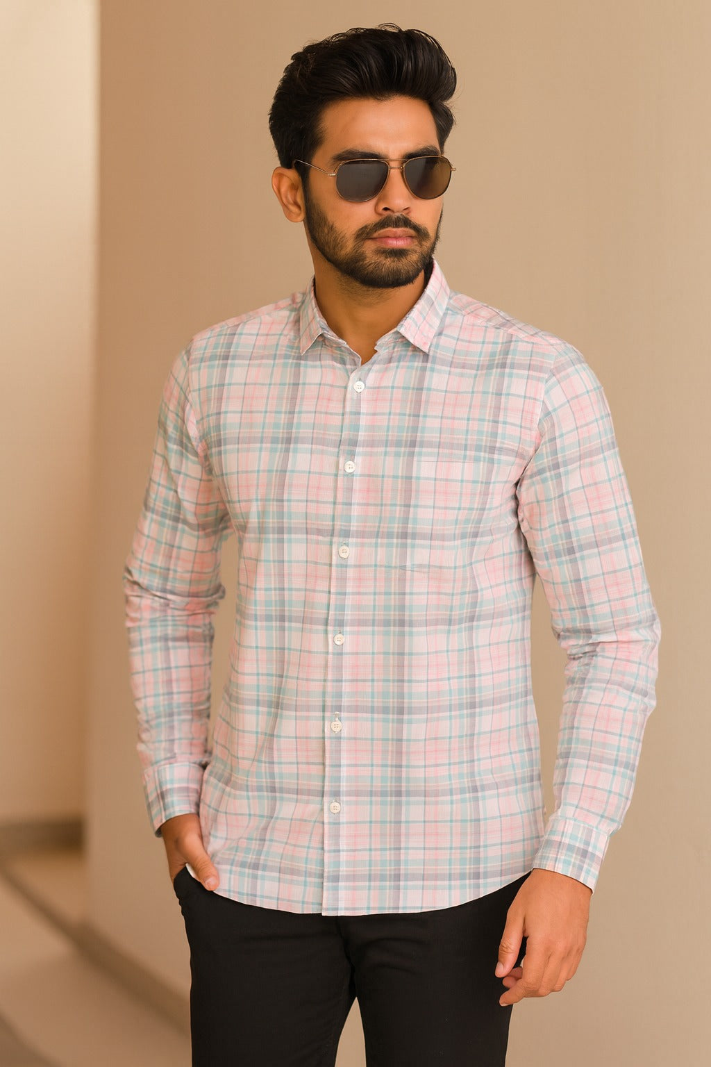 Men’s Cotton Blend Checkered Shirt with Long Sleeves