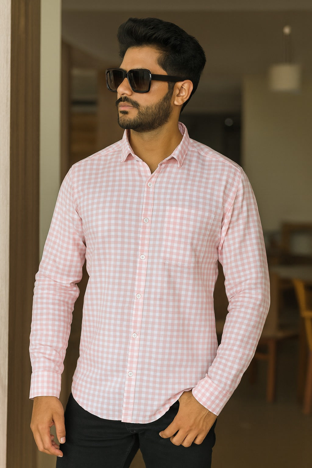 Men’s Cotton Blend Checkered Shirt with Long Sleeves - Wish Karo