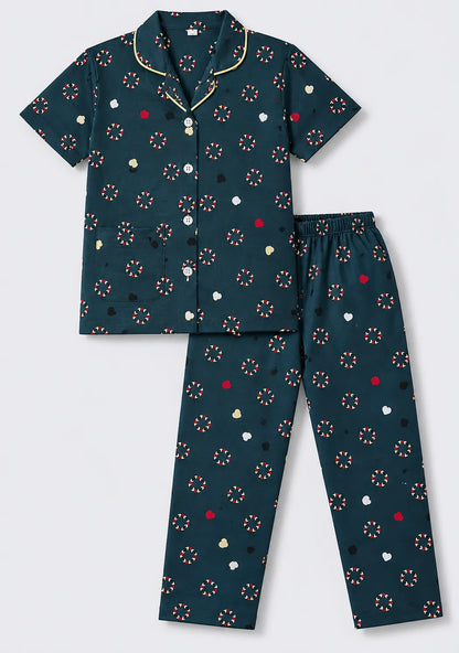 Unisex Cotton Printed Night Suit Set – Navy Blue Confetti Print