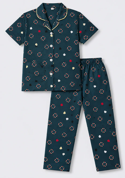 Unisex Cotton Printed Night Suit Set – Navy Blue Confetti Print
