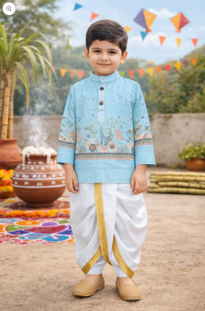 Boys Traditional Printed Art Silk Kurta and Dhoti Set