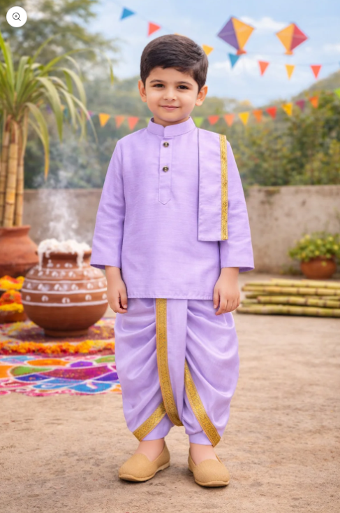 Boys Traditional Art Silk Kurta and Dhoti Set – Gold Detailing