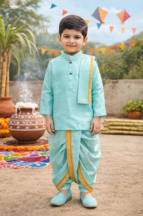 Boys Traditional Art Silk Kurta and Dhoti Set – Gold Detailing