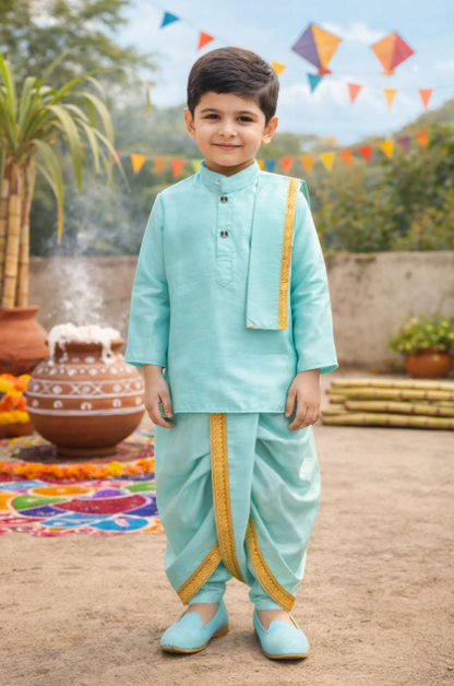Boys Traditional Art Silk Kurta and Dhoti Set – Gold Detailing