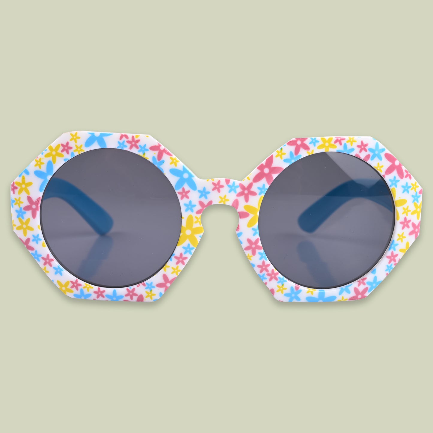 Baby Girls Round Frame Flower Printed Sunglass (Blue)
