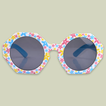 Baby Girls Round Frame Flower Printed Sunglass (Blue)