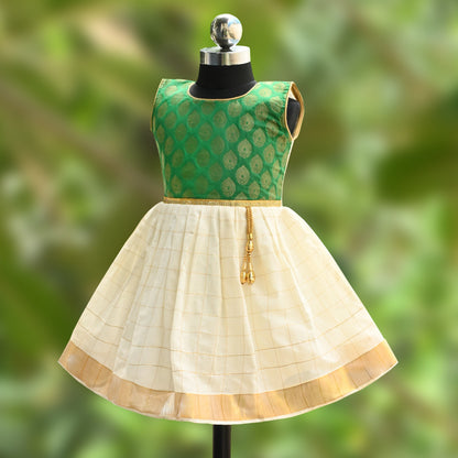 Baby Girls Traditional Onam Pattu Dress with Brocade Design fe3546grn