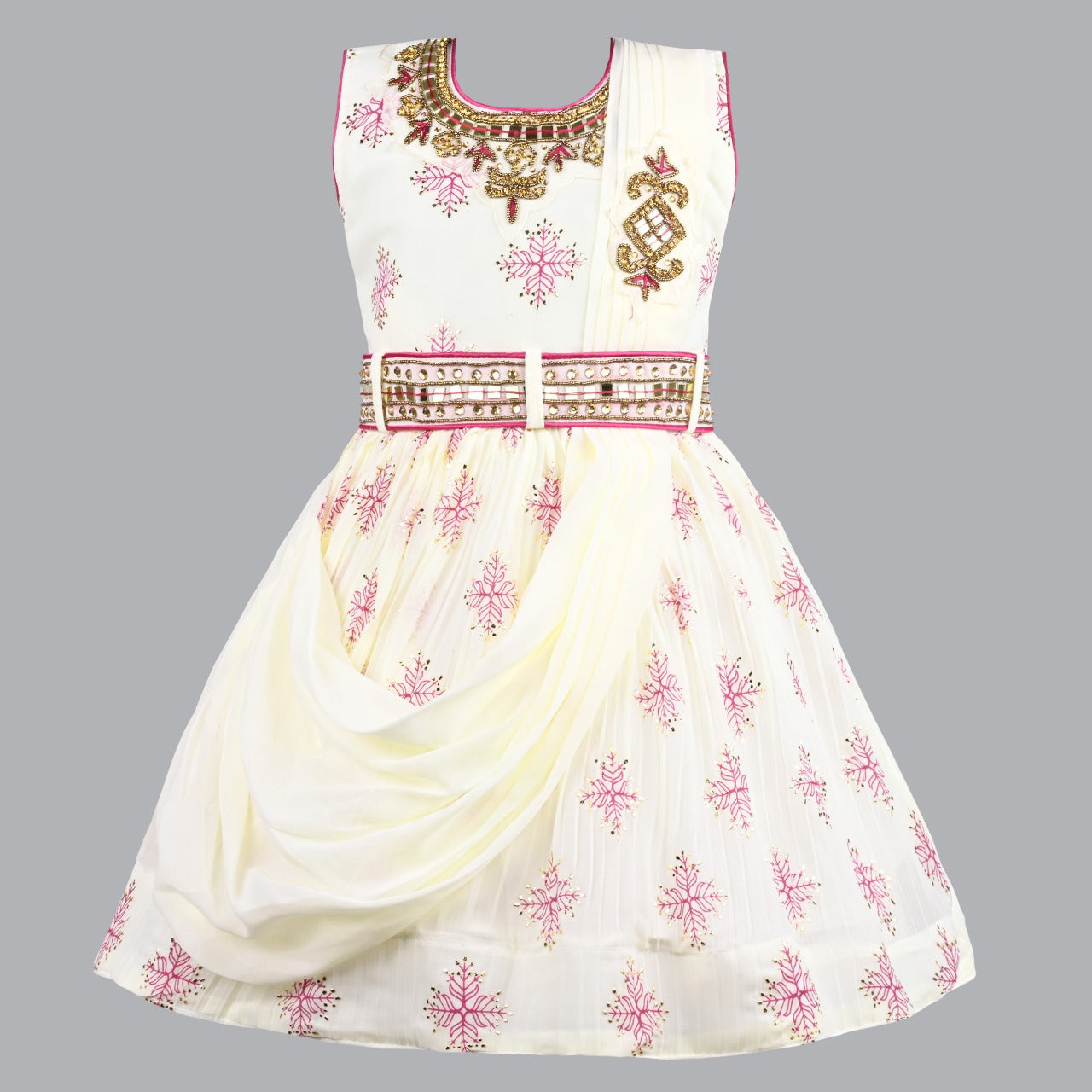 Girls Satin Embroidered Party Dress with Dupatta Drape & Belt