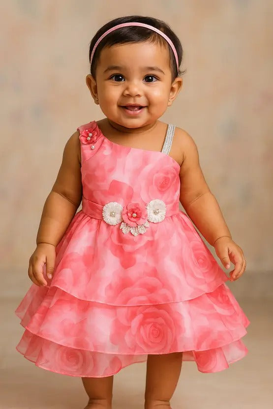 Pink Rose Print Satin Frock with Cream Fur Jacket for Girls – Full Sleeves, Winter Party Wear fep3522