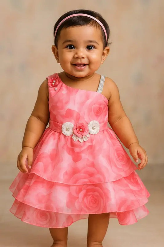 Pink Rose Print Satin Frock with Cream Fur Jacket for Girls – Full Sleeves, Winter Party Wear fep3522