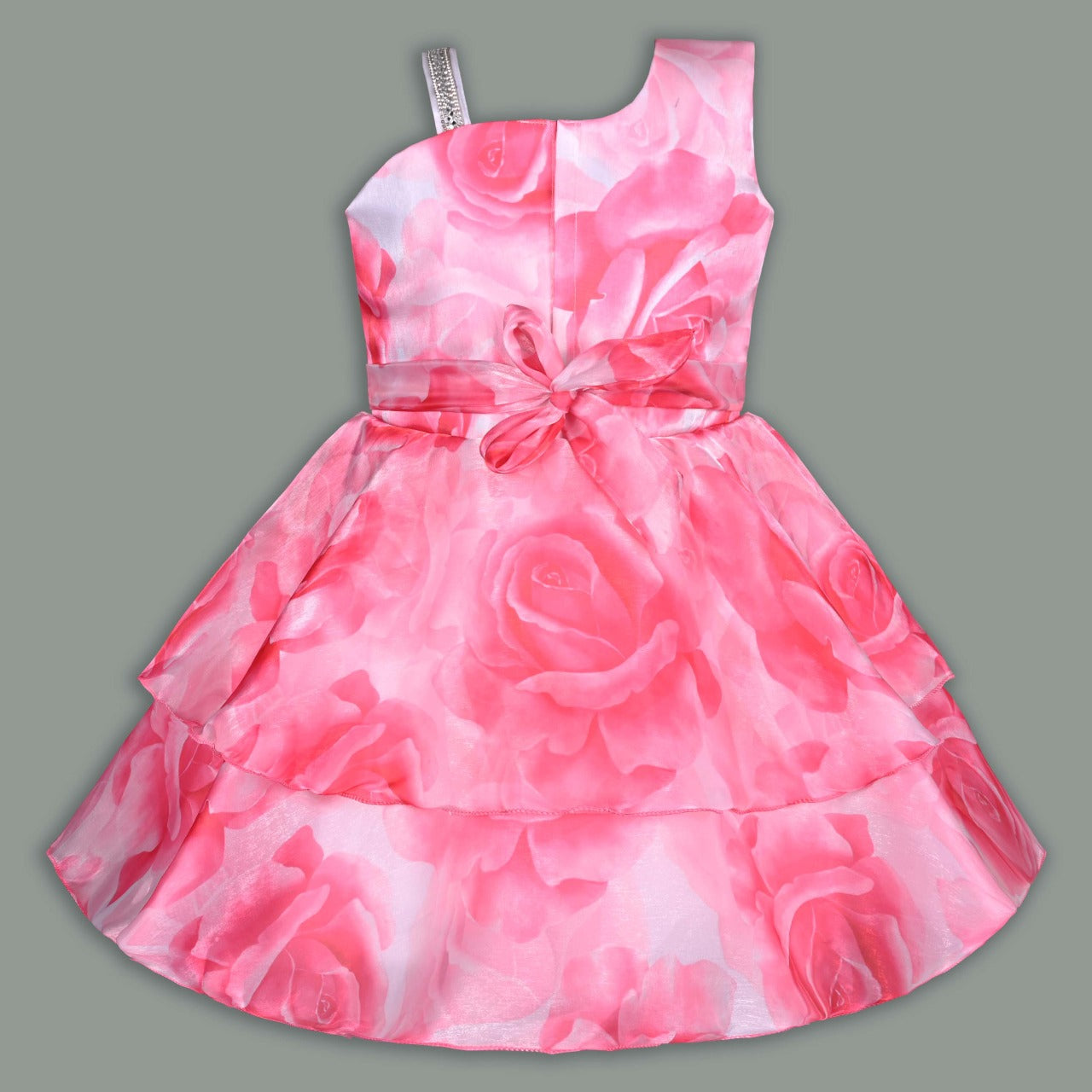 Pink Rose Print Satin Frock with Cream Fur Jacket for Girls – Full Sleeves, Winter Party Wear fep3522