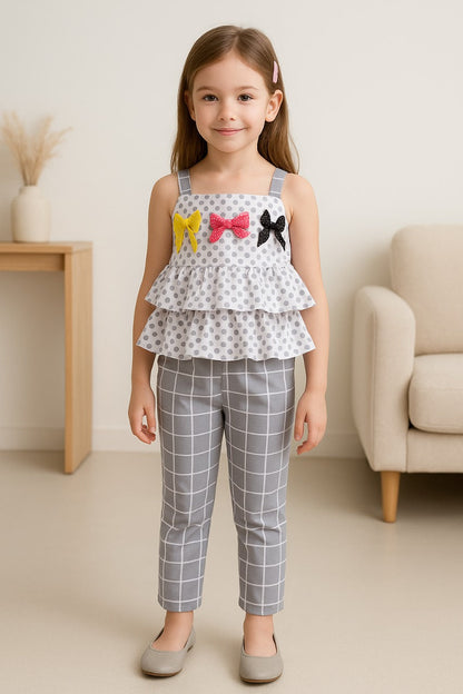 Girls Polka Dot Layered Top and Checkered Pants Set