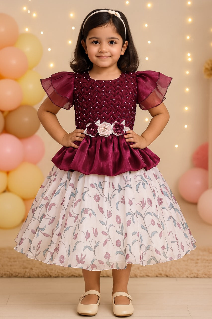Girls Floral Applique Embellished Ruffle Sleeve Printed Party Dress fep3485