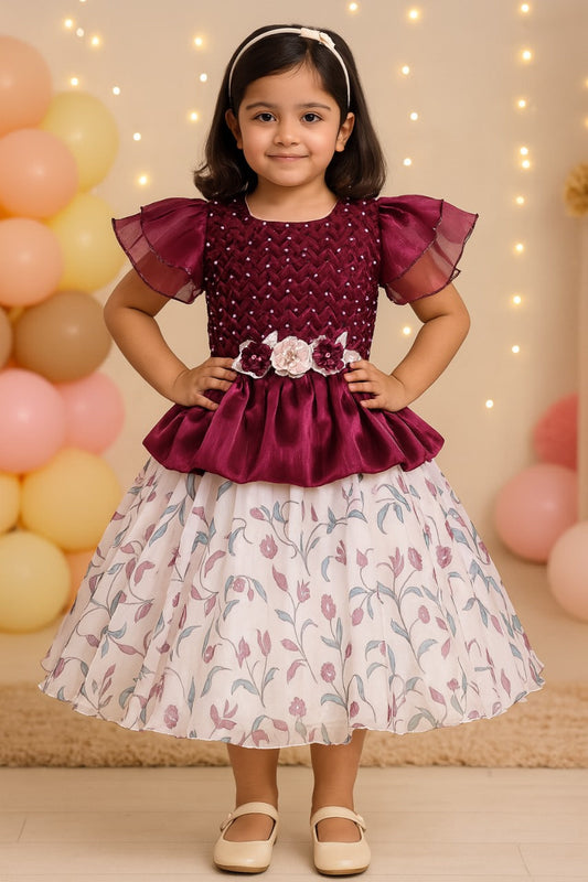 Girls Floral Applique Embellished Ruffle Sleeve Printed Party Dress - Wish Karo - photo 1