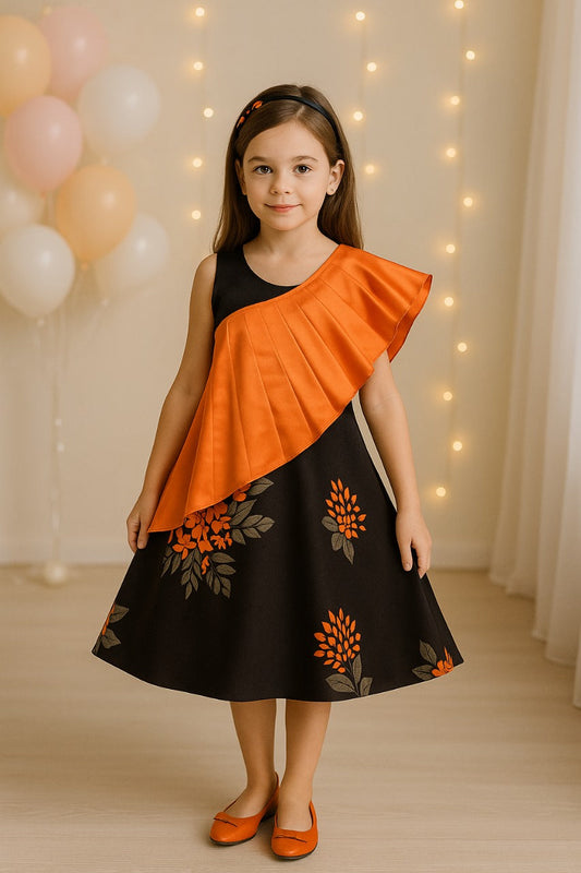 Orange Pleated A-Line Dress - Wish Karo