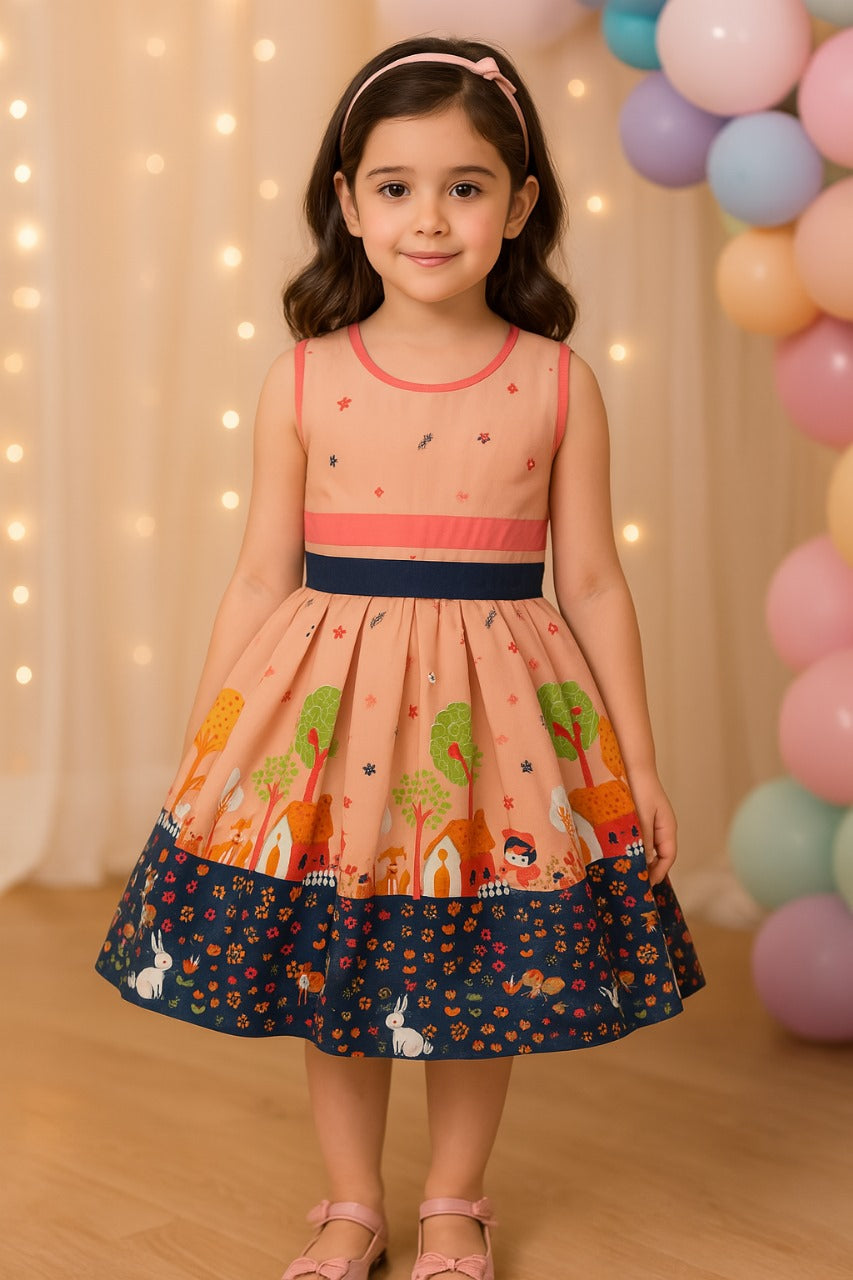 Girls Cotton Printed Pleated Summer Dress - Wish Karo