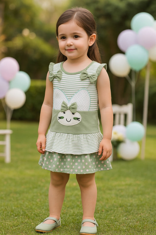 Girls Bow Cartoon Print Top & Skirt Summer Co-ord Set bt883grn